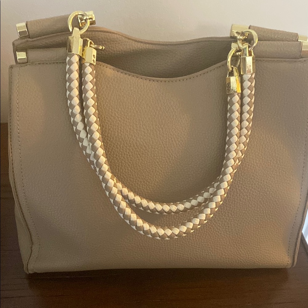 Bebe Tan and Gold Shoulder Bag with Sophisticated Design